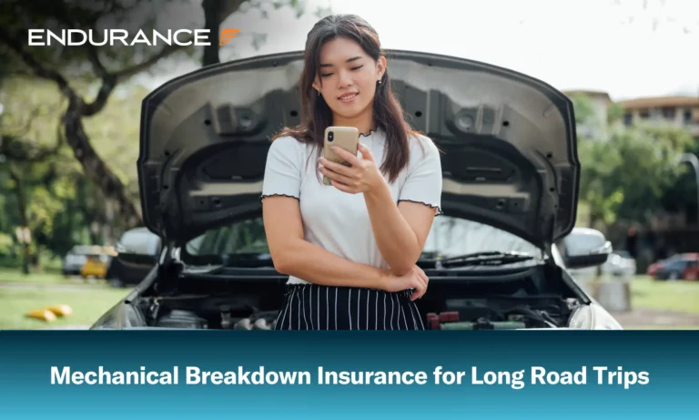Woman on her cell phone in front of her broken down car